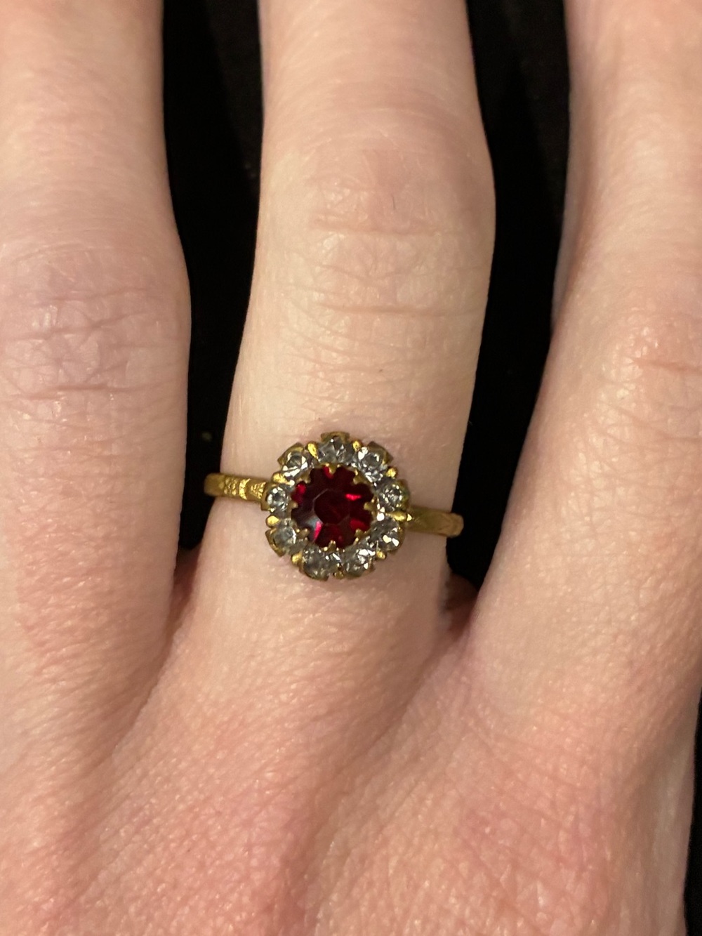 Antique Art Deco Uncas Red & Clear Paste Rhinestone Ring